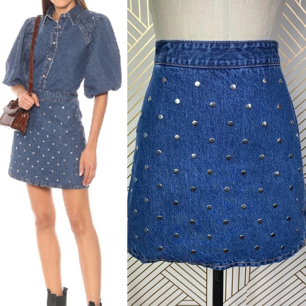 Ganni Studded High Waist Organic Denim Mini Skirt Blue Y2K Streetwear 32 US 0